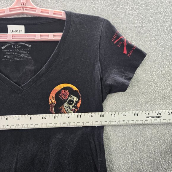 Grunt Style Women Shirt MEDIUM Black Graphic Print Activewear Logo V-Neck - Picture 7 of 8